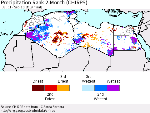 North Africa Precipitation Rank since 1981, 2-Month (CHIRPS) Thematic Map For 7/11/2019 - 9/10/2019