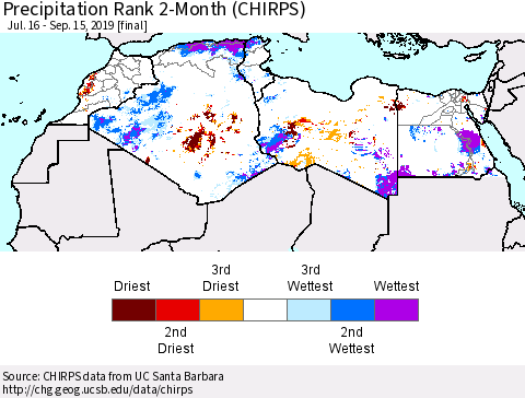 North Africa Precipitation Rank since 1981, 2-Month (CHIRPS) Thematic Map For 7/16/2019 - 9/15/2019