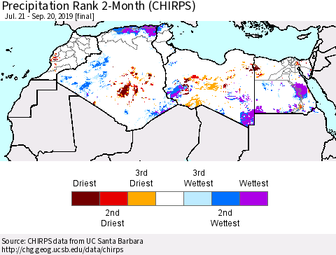 North Africa Precipitation Rank since 1981, 2-Month (CHIRPS) Thematic Map For 7/21/2019 - 9/20/2019