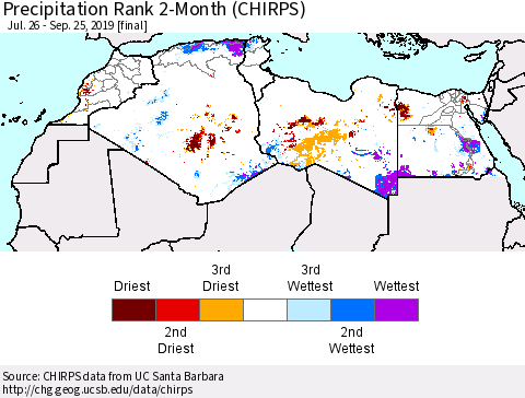 North Africa Precipitation Rank since 1981, 2-Month (CHIRPS) Thematic Map For 7/26/2019 - 9/25/2019