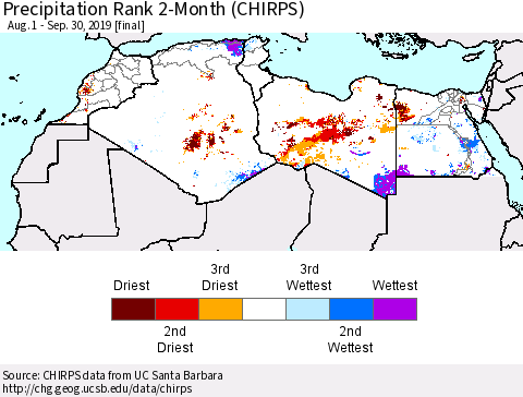 North Africa Precipitation Rank since 1981, 2-Month (CHIRPS) Thematic Map For 8/1/2019 - 9/30/2019