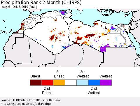 North Africa Precipitation Rank since 1981, 2-Month (CHIRPS) Thematic Map For 8/6/2019 - 10/5/2019