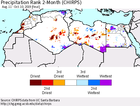North Africa Precipitation Rank since 1981, 2-Month (CHIRPS) Thematic Map For 8/11/2019 - 10/10/2019