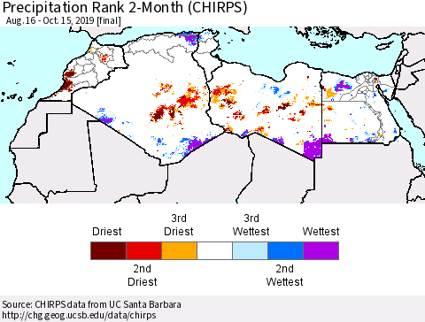 North Africa Precipitation Rank since 1981, 2-Month (CHIRPS) Thematic Map For 8/16/2019 - 10/15/2019