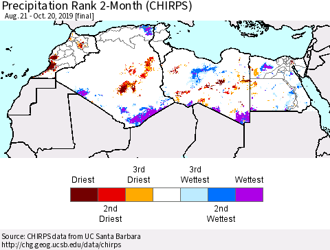North Africa Precipitation Rank since 1981, 2-Month (CHIRPS) Thematic Map For 8/21/2019 - 10/20/2019