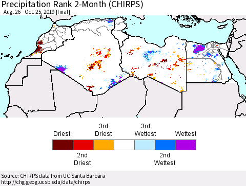 North Africa Precipitation Rank since 1981, 2-Month (CHIRPS) Thematic Map For 8/26/2019 - 10/25/2019