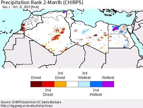 North Africa Precipitation Rank since 1981, 2-Month (CHIRPS) Thematic Map For 9/1/2019 - 10/31/2019