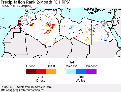 North Africa Precipitation Rank since 1981, 2-Month (CHIRPS) Thematic Map For 9/6/2019 - 11/5/2019