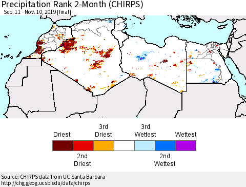 North Africa Precipitation Rank since 1981, 2-Month (CHIRPS) Thematic Map For 9/11/2019 - 11/10/2019