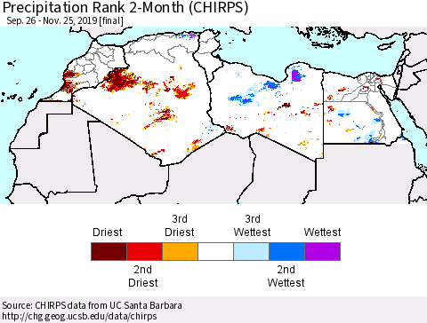 North Africa Precipitation Rank since 1981, 2-Month (CHIRPS) Thematic Map For 9/26/2019 - 11/25/2019
