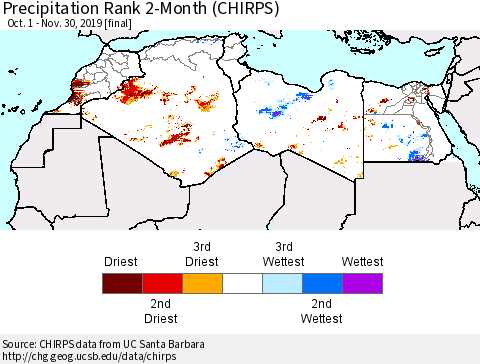 North Africa Precipitation Rank since 1981, 2-Month (CHIRPS) Thematic Map For 10/1/2019 - 11/30/2019