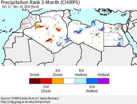 North Africa Precipitation Rank since 1981, 2-Month (CHIRPS) Thematic Map For 10/11/2019 - 12/10/2019