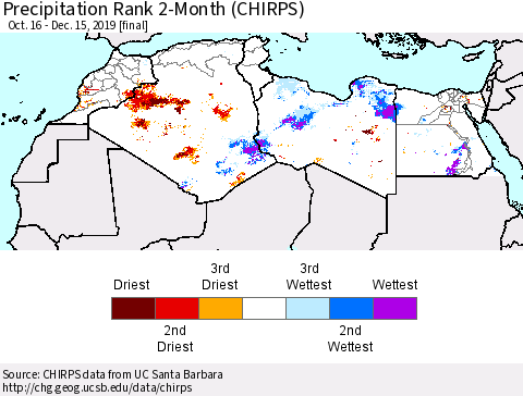 North Africa Precipitation Rank since 1981, 2-Month (CHIRPS) Thematic Map For 10/16/2019 - 12/15/2019