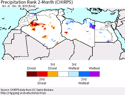 North Africa Precipitation Rank since 1981, 2-Month (CHIRPS) Thematic Map For 10/21/2019 - 12/20/2019