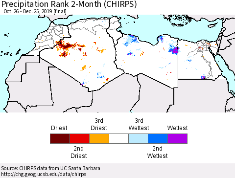 North Africa Precipitation Rank since 1981, 2-Month (CHIRPS) Thematic Map For 10/26/2019 - 12/25/2019
