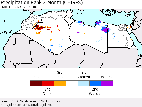 North Africa Precipitation Rank since 1981, 2-Month (CHIRPS) Thematic Map For 11/1/2019 - 12/31/2019