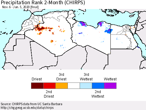 North Africa Precipitation Rank since 1981, 2-Month (CHIRPS) Thematic Map For 11/6/2019 - 1/5/2020
