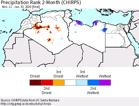 North Africa Precipitation Rank since 1981, 2-Month (CHIRPS) Thematic Map For 11/11/2019 - 1/10/2020
