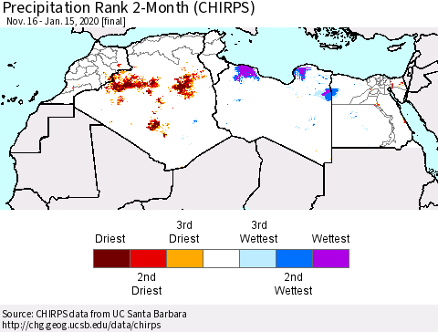 North Africa Precipitation Rank since 1981, 2-Month (CHIRPS) Thematic Map For 11/16/2019 - 1/15/2020