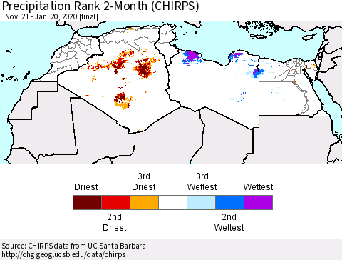 North Africa Precipitation Rank since 1981, 2-Month (CHIRPS) Thematic Map For 11/21/2019 - 1/20/2020
