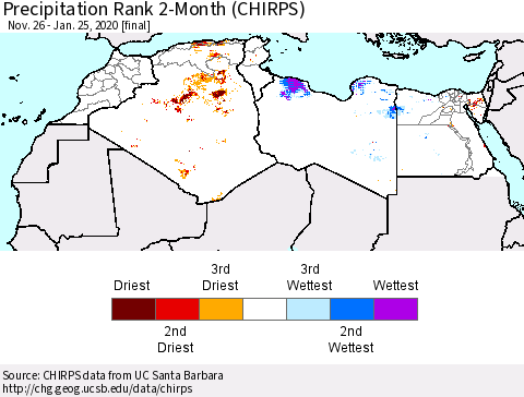 North Africa Precipitation Rank since 1981, 2-Month (CHIRPS) Thematic Map For 11/26/2019 - 1/25/2020