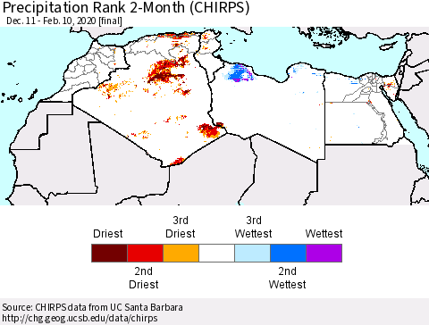 North Africa Precipitation Rank since 1981, 2-Month (CHIRPS) Thematic Map For 12/11/2019 - 2/10/2020