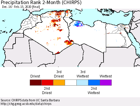 North Africa Precipitation Rank since 1981, 2-Month (CHIRPS) Thematic Map For 12/16/2019 - 2/15/2020