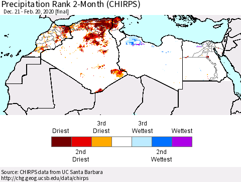 North Africa Precipitation Rank since 1981, 2-Month (CHIRPS) Thematic Map For 12/21/2019 - 2/20/2020