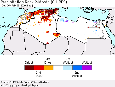 North Africa Precipitation Rank since 1981, 2-Month (CHIRPS) Thematic Map For 12/26/2019 - 2/25/2020