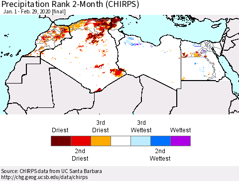North Africa Precipitation Rank since 1981, 2-Month (CHIRPS) Thematic Map For 1/1/2020 - 2/29/2020