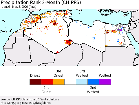 North Africa Precipitation Rank since 1981, 2-Month (CHIRPS) Thematic Map For 1/6/2020 - 3/5/2020