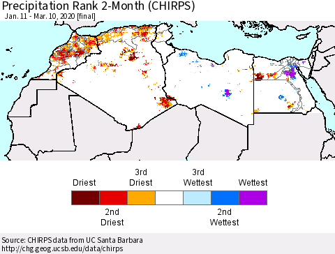 North Africa Precipitation Rank since 1981, 2-Month (CHIRPS) Thematic Map For 1/11/2020 - 3/10/2020