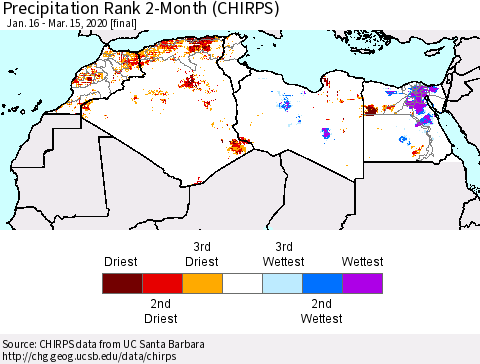 North Africa Precipitation Rank since 1981, 2-Month (CHIRPS) Thematic Map For 1/16/2020 - 3/15/2020