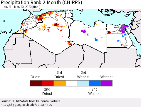 North Africa Precipitation Rank since 1981, 2-Month (CHIRPS) Thematic Map For 1/21/2020 - 3/20/2020