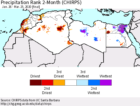 North Africa Precipitation Rank since 1981, 2-Month (CHIRPS) Thematic Map For 1/26/2020 - 3/25/2020