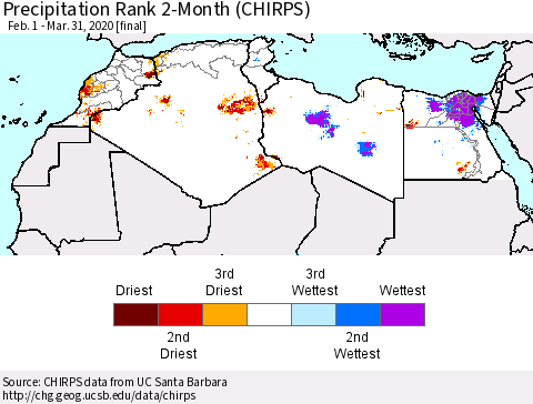 North Africa Precipitation Rank since 1981, 2-Month (CHIRPS) Thematic Map For 2/1/2020 - 3/31/2020