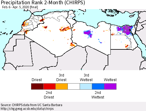 North Africa Precipitation Rank since 1981, 2-Month (CHIRPS) Thematic Map For 2/6/2020 - 4/5/2020