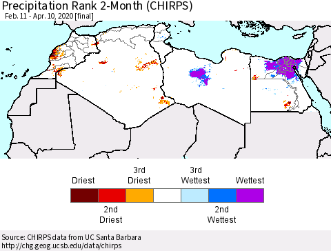 North Africa Precipitation Rank since 1981, 2-Month (CHIRPS) Thematic Map For 2/11/2020 - 4/10/2020