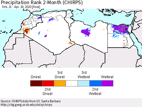 North Africa Precipitation Rank since 1981, 2-Month (CHIRPS) Thematic Map For 2/21/2020 - 4/20/2020