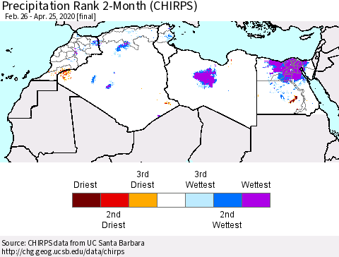 North Africa Precipitation Rank since 1981, 2-Month (CHIRPS) Thematic Map For 2/26/2020 - 4/25/2020