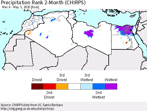 North Africa Precipitation Rank since 1981, 2-Month (CHIRPS) Thematic Map For 3/6/2020 - 5/5/2020