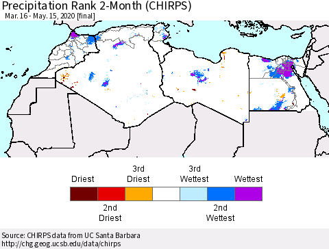 North Africa Precipitation Rank since 1981, 2-Month (CHIRPS) Thematic Map For 3/16/2020 - 5/15/2020