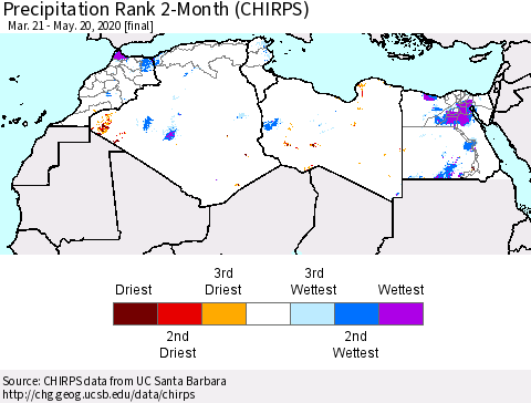 North Africa Precipitation Rank since 1981, 2-Month (CHIRPS) Thematic Map For 3/21/2020 - 5/20/2020