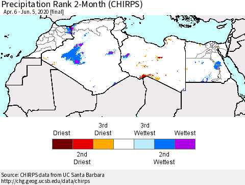 North Africa Precipitation Rank since 1981, 2-Month (CHIRPS) Thematic Map For 4/6/2020 - 6/5/2020