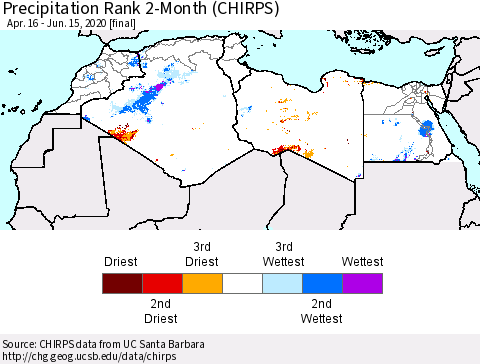 North Africa Precipitation Rank since 1981, 2-Month (CHIRPS) Thematic Map For 4/16/2020 - 6/15/2020