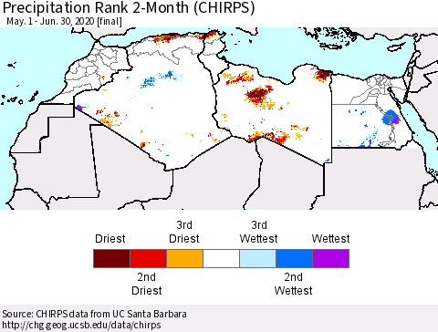 North Africa Precipitation Rank since 1981, 2-Month (CHIRPS) Thematic Map For 5/1/2020 - 6/30/2020