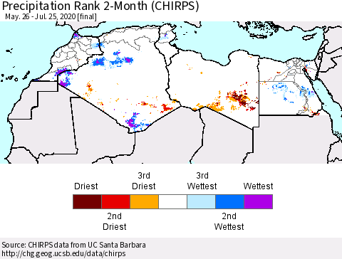 North Africa Precipitation Rank since 1981, 2-Month (CHIRPS) Thematic Map For 5/26/2020 - 7/25/2020