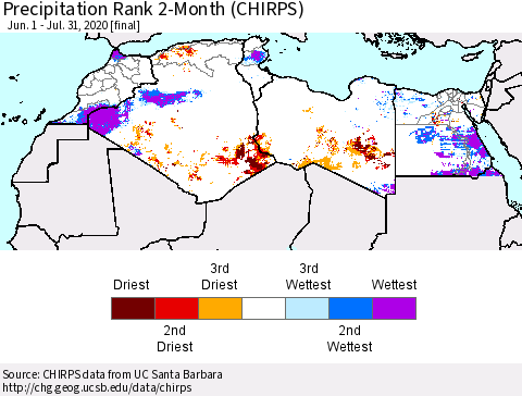 North Africa Precipitation Rank since 1981, 2-Month (CHIRPS) Thematic Map For 6/1/2020 - 7/31/2020