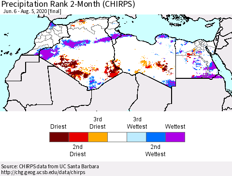 North Africa Precipitation Rank since 1981, 2-Month (CHIRPS) Thematic Map For 6/6/2020 - 8/5/2020