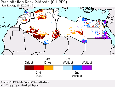 North Africa Precipitation Rank since 1981, 2-Month (CHIRPS) Thematic Map For 6/11/2020 - 8/10/2020